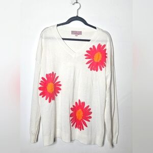 Laurie Felt Floral V-Neck Daisy Cashmere Blend Sweater White Pink‎ Womens Large